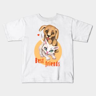 Cute small cat and dog. Sweet little baby pets. Kitten and puppy friends. Kids T-Shirt